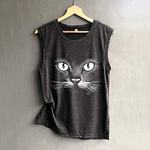 Mujeres Camiseta básica Estampada de Gato, Blusa Tirantes Camisa Tallas Grandes Tops sin Mangas Camiseta Verano t-Shirt Basicas Negro XXXL