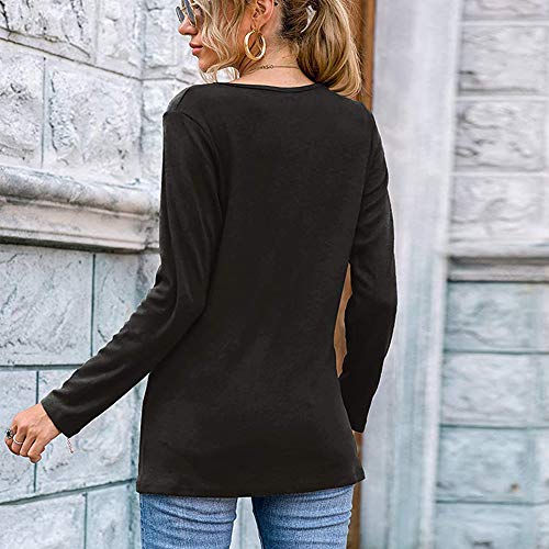 Mujeres Casual Cuello en V Nudo Cruzado pulóver Color sólido Suelta cómoda Camisa Blusa de Manga Larga (Negro, XL)