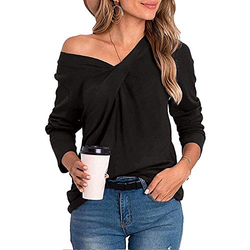 Mujeres Casual Cuello en V Nudo Cruzado pulóver Color sólido Suelta cómoda Camisa Blusa de Manga Larga (Negro, XL)