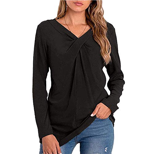 Mujeres Casual Cuello en V Nudo Cruzado pulóver Color sólido Suelta cómoda Camisa Blusa de Manga Larga (Negro, XL)