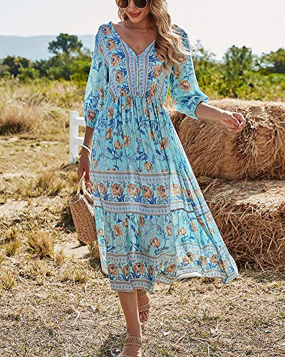 Mujeres Casual Suelto Estilo de Playa Cuello en V Cintura Alta Estampado Floral Oriental de Bohemia Manga Larga Medio-Largo Vestido de Gasa de Vocación Azul XL