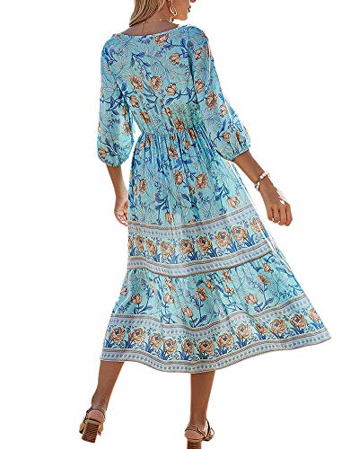 Mujeres Casual Suelto Estilo de Playa Cuello en V Cintura Alta Estampado Floral Oriental de Bohemia Manga Larga Medio-Largo Vestido de Gasa de Vocación Azul XL