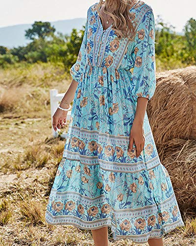 Mujeres Casual Suelto Estilo de Playa Cuello en V Cintura Alta Estampado Floral Oriental de Bohemia Manga Larga Medio-Largo Vestido de Gasa de Vocación Azul XL