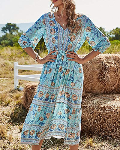 Mujeres Casual Suelto Estilo de Playa Cuello en V Cintura Alta Estampado Floral Oriental de Bohemia Manga Larga Medio-Largo Vestido de Gasa de Vocación Azul XL