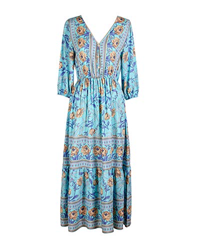 Mujeres Casual Suelto Estilo de Playa Cuello en V Cintura Alta Estampado Floral Oriental de Bohemia Manga Larga Medio-Largo Vestido de Gasa de Vocación Azul XL