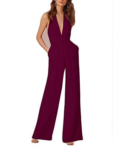 Mujeres Mono Jumpsuit Escotado por Detrás V-Cuello Club Pantalones del Monos Vino Rojo L