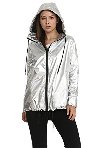 Mujeres Sudaderas con Capucha Chaqueta Abrigo Manga Larga Ligero Metálico con Capucha Chaquetas Outwear Plata XL