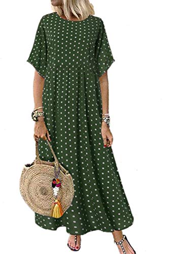 Mujeres Verano Casual Vestido Suelto Polka Dot Algodón Maxi Vestidos Talla Grande Verde 4XL