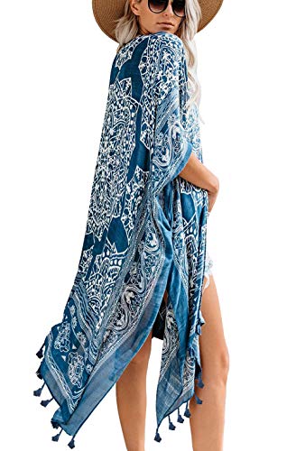 Mujeres Verano Kimono Cardigan Casual Ropa de Playa Pareos Retro Impreso Blusa Larga Tops Manga Corta (Talla única, Azul-1)