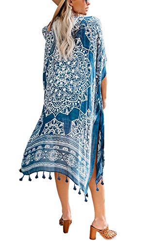 Mujeres Verano Kimono Cardigan Casual Ropa de Playa Pareos Retro Impreso Blusa Larga Tops Manga Corta (Talla única, Azul-1)