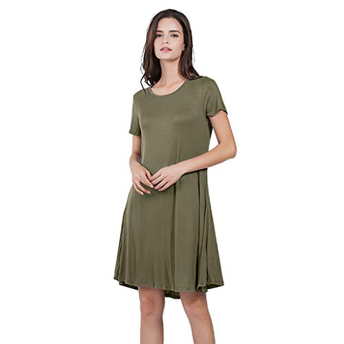 Museourstyty Vestido de manga corta de color sólido, informal, vestido para mujer, columpio en A, camisetas de verano con bolsillos Medium Verde militar.