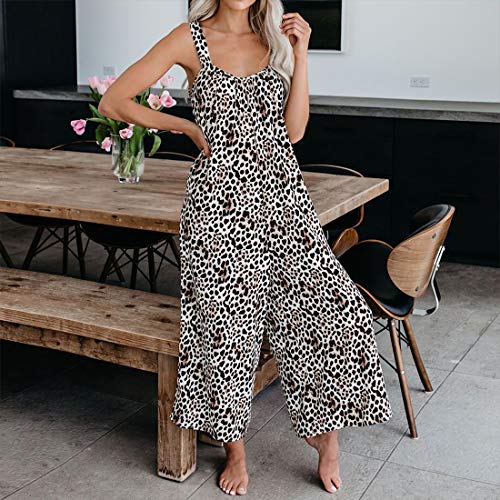 MUYOGRT Mono para Mujer Peto Sin Mangas de Pantalones Ajustable Correa Casual Flojo Rompers Largo Monos de harén Mono de Pierna Ancha Overalls para Primavera Verano(Leopardo，L)