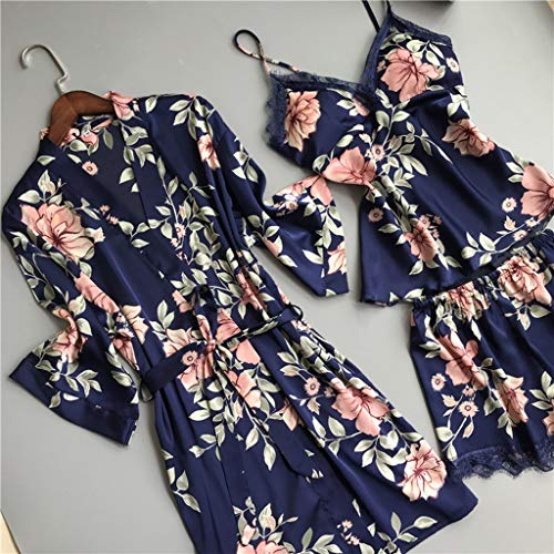 N-B Batas de Casa Mujer Satén Conjunto de 5 Piezas S- 3XL Estampado Floral Kimono Primavera Vestido Albornoz Sexy Camisón y Encaje Tirantes 2 x Ropa Interior y Pantalones Cortos Suave Pareja Pijamas