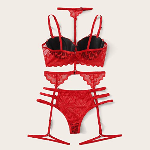 N-B Lencería Mujer Sexy Conjunto de 3 Piezas Rojo Encaje Talla Grande Push up Halter Ropa Interior + Tangas con Liguero de Bordado Hueco Ajustable Pareja Picardias