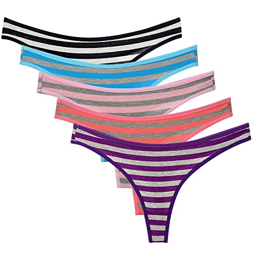 Nightaste Ropa Interior Tanga de Algodón para Mujeres Paquete de 5 Piezas Tanga de Rayas de Colores (M, 5 Color)