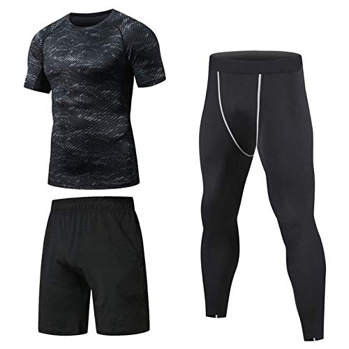 Niksa 3 Piezas Conjunto de Compresion Hombre, Camisetas Compression Mallas Running Pantalon Corto Deporte Ropa Deportiva Hombre para Running, Correr, Gym, Fitness L