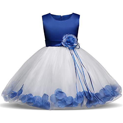 NNJXD Girl Flower Petal Bowknot Bautizo Vestido de Fiesta de la Dama de Honor de la Boda Talla (110) 3-4 años Azul