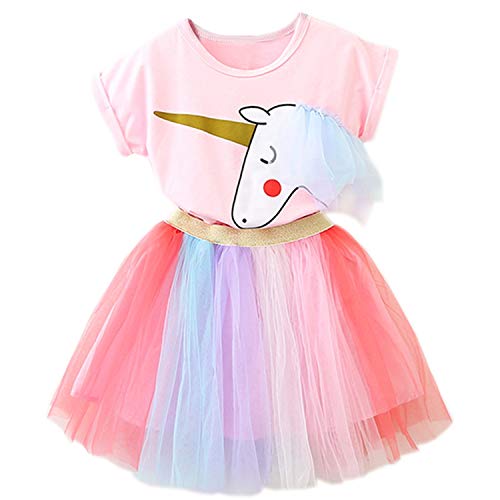 NNJXD Niñas Vestidos Unicornio Conjunto de Ropa de 2 Piezas con Chaquetas Rosas + Faldas de Arco Iris de tutú tamaño（120） 4-5 Años Rosa