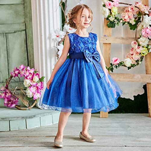 NNJXD Vestido de Fiesta de Princesa con Encaje de Flor de 3D sin Mangas para Niñas Talla(130) 4-5 años Azul Oscuro