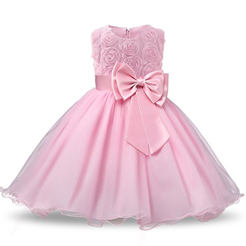 NNJXD Vestido de Fiesta de Princesa con Encaje de Flor de 3D sin Mangas para Niñas Talla(90) 18-24 Meses Rosa