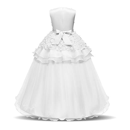 NNJXD Vestido de Princesa del Desfile con Encajes sin Mangas Falda de Fiesta para Niñas Talla (160) 12-13 años 354 Blanco-A