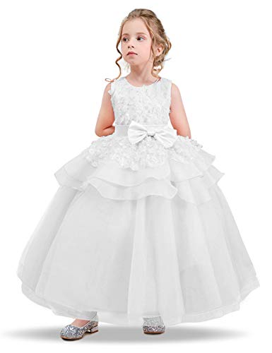 NNJXD Vestido de Princesa del Desfile con Encajes sin Mangas Falda de Fiesta para Niñas Talla (160) 12-13 años 354 Blanco-A