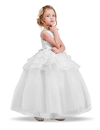 NNJXD Vestido de Princesa del Desfile con Encajes sin Mangas Falda de Fiesta para Niñas Talla (160) 12-13 años 354 Blanco-A