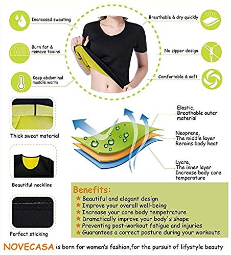 NOVECASA Camisetas Sauna Mujer Neopreno Body Shaper T-Shirt Transpirar para Sudoración Quema Grasa Faja Abdome Adelgazante (3XL, Negro-Amarillo)