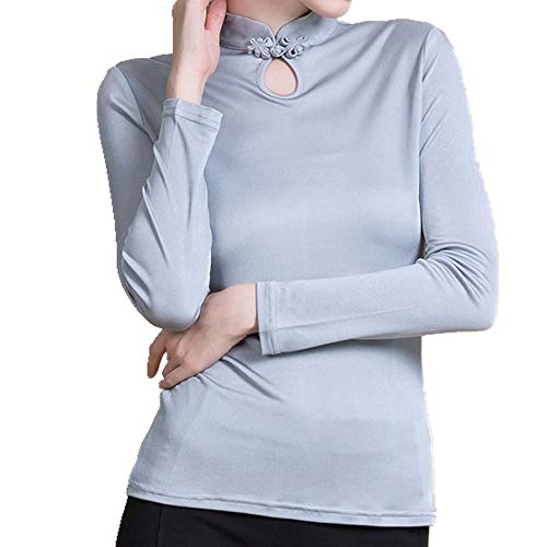 N\P Camiseta de las mujeres 100% seda natural camisa de manga larga para las mujeres chino rana stand collar otoño invierno fondo superior