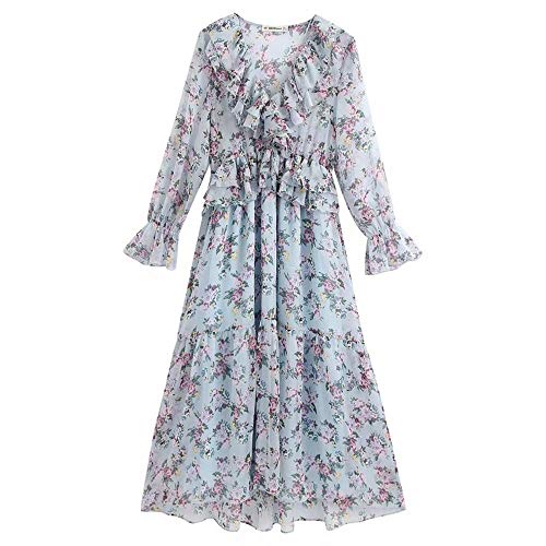 N/P Vestido Informal de Gasa con Estampado de Flores y Cuello en V Elegante para Mujer, Vestidos Elegantes de Fiesta de Primavera con Pliegues de Encaje de agárico Elegante para Mujer