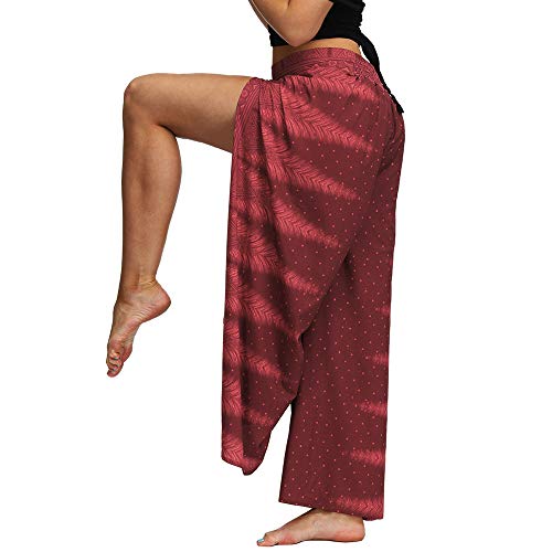 Nuofengkudu Mujer Hippie Largo Pantalones Dividir Pata Ancha Flores Estampados Sueltos Elegantes Comodos Thai Yoga Pants Verano Playa Vacaciones(Vino Tinto,S/M)