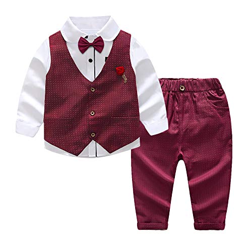 Nwada Traje Nino Pequeño Ropa Boda de Vestir Disfraz Otoño Halloween Conjunto Camisa Rojo y Pantalon y Chaleco y Broche 4 Años