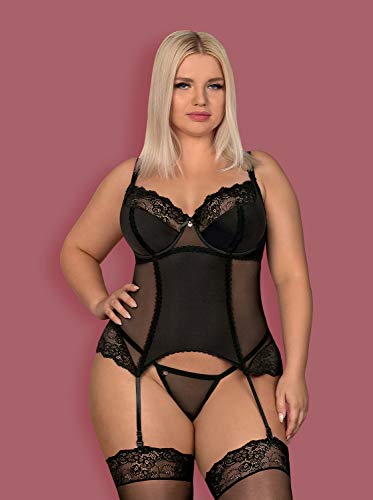 Obsessive Corsé Sensual con Flores Y Tanga Íntimo para Mujeres Amallie Corset, Negro,S-M