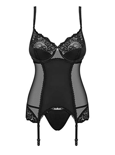 Obsessive Corsé Sensual con Flores Y Tanga Íntimo para Mujeres Amallie Corset, Negro,S-M