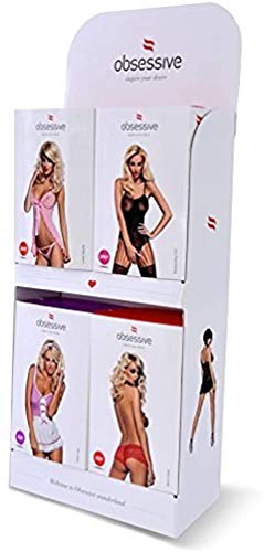 Obsessive Elegante juego de ropa interior de 3 piezas de sujetador elegante con copas de aro, liguero y tanga en una fantástica caja de regalo. Joyas negras. S-M