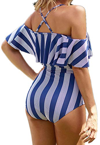 Ocean Plus Mujer Bañador Traje de Baño de Una Pieza con Tiras y Volantes Fuera del Hombro Arco Ropa de Playa (EU 36-38 (M), Azul)