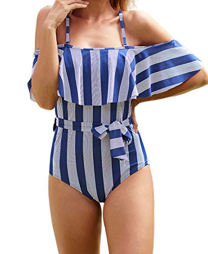 Ocean Plus Mujer Bañador Traje de Baño de Una Pieza con Tiras y Volantes Fuera del Hombro Arco Ropa de Playa (EU 36-38 (M), Azul)