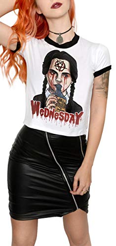 Ocean Plus Mujer Camiseta Corta Verano Señoras Camiseta Manga Corta Chicas Muñeca de Terror Cuello Redondo Halloween Cráneo Impresión Digital Tops (M/165-170, Miércoles niña de Veneno)