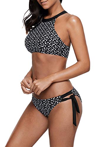 Ocean Plus Mujer Cordón Cuello Alto Bikini Malla Conjunto Camiseta sin Mangas Ropa de Playa Dos Piezas Tankini (XL (EU 38-40), Pajarita Puntos)