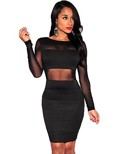 Ohyeah Mujer Vestido Bodycon Midi con Manga Larga Malla Transparente Talla Grande para Fiesta