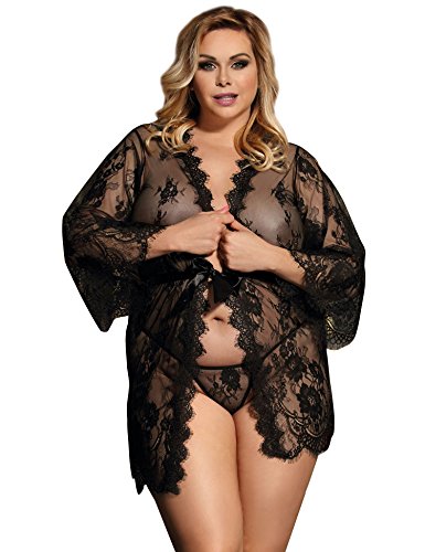 ohyeahlady Mujer Bata Sexy Kimono Encaje Ropa de Dormir Transparente Talla Grande con Cinturón y Tanga(Negro, 3XL-4XL)