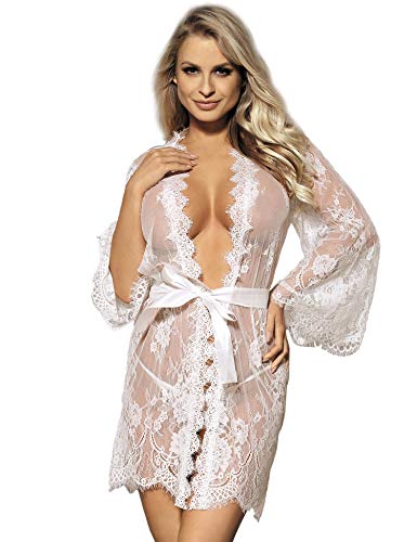 ohyeahlady Mujer Lencería Bata Transparente Talla Grande Ropa Interior Kimono Encaje para Dormir(Blanco, XS-S)