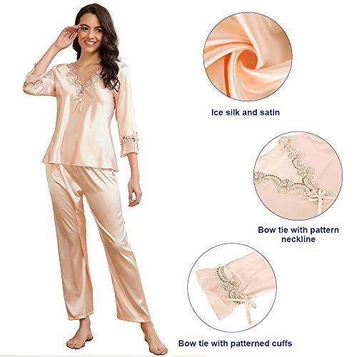 ohyeahlady Mujer Pijamas Seda Conjunto Elegante Larga Invierno Talla Grande Tops y Pantalones Largos(Estilo 1:Beige, M-L)