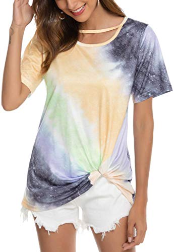 OLIPHEE Casual Camiseta Deportiva Gradiente Manga Corta Tie-Dye Imprimir Corto Tops Blusa Anudadas Camisas Pullover para Mujer huangM-1