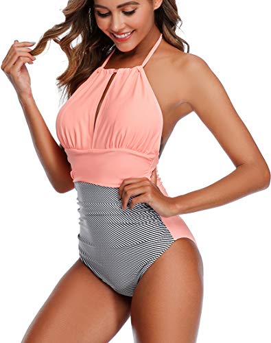 OLIPHEE Con Costuras Plisadas a rayasV-Cuello Trajes de baño Halter Una Pieza Push-up Acolchado Bra una Pieza para Mujer fenL-1