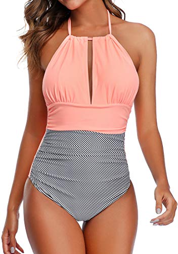 OLIPHEE Con Costuras Plisadas a rayasV-Cuello Trajes de baño Halter Una Pieza Push-up Acolchado Bra una Pieza para Mujer fenL-1