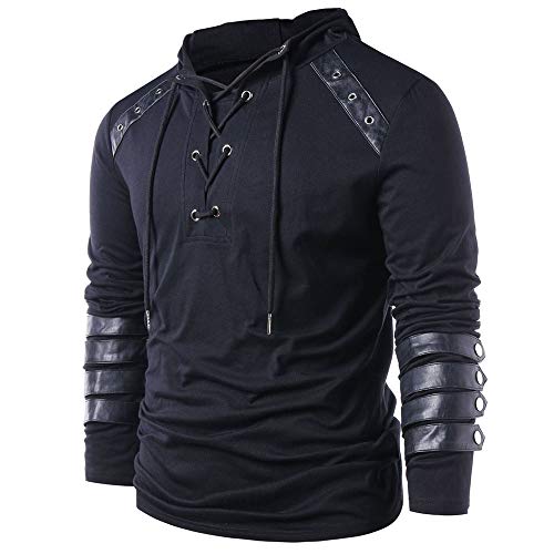 Oneforus Sudaderas con Capucha góticas de Steampunk Hombres Personalidad Costura de Cuero Cordón con Capucha Cordón