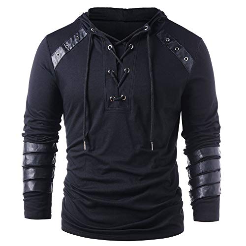 Oneforus Sudaderas con Capucha góticas de Steampunk Hombres Personalidad Costura de Cuero Cordón con Capucha Cordón