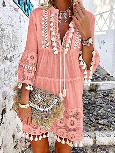 Onsoyours Vestido Casual Manga 3/4 De Encaje Boho Playa para Mujeres Verano Suelto Borla V Cuello SóLido Talla Grande Blusa A Rosa Claro 16