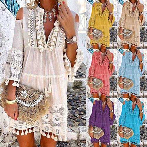 Onsoyours Vestido Casual Manga 3/4 De Encaje Boho Playa para Mujeres Verano Suelto Borla V Cuello SóLido Talla Grande Blusa B Azul Claro 12